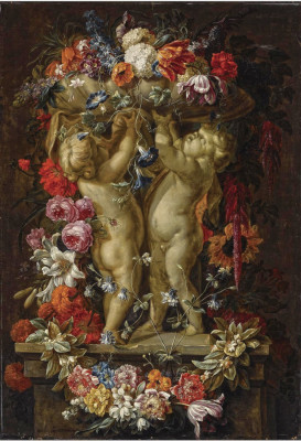 ₴ Репродукция натюрморт от 313 грн.: Гирлянда цветов окружает вазу с двумя путти на каменном выступе