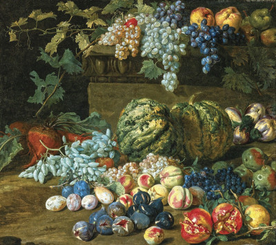 ₴ Репродукція натюрморт від 364 грн.: Гарбуз, виноград, персики, сливи, гранат, груші, інжир, яблука та ріпа на виступі