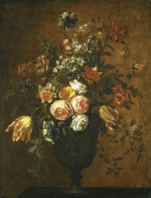 ₴ Репродукція натюрморт від 331 грн.: Троянди, тюльпани та інші квіти в барельєфній вазі на кам'яному виступі