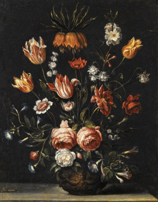 ₴ Репродукція натюрморт від 325 грн.: Тюльпани, троянди, петунії та інші квіти у вазі на кам'яному постаменті