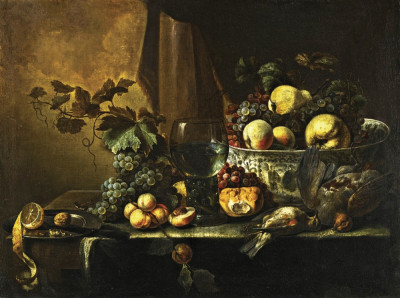 ₴ Репродукция натюрморт от 235 грн.: Фрукты, включая персики, виноград, груши и лимон с дичью размещены на столе с ромером и фарфоровй чашей