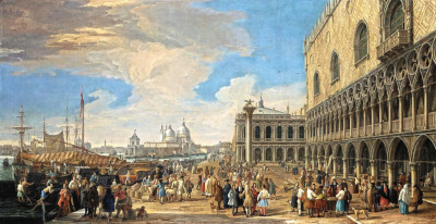 ₴ Репродукція міський пейзаж від 175 грн.: Венеція, вид на моло з палацом Дожів, дивлячись на захід від Зеккі і Санта Марія делла Салюте на віддалі