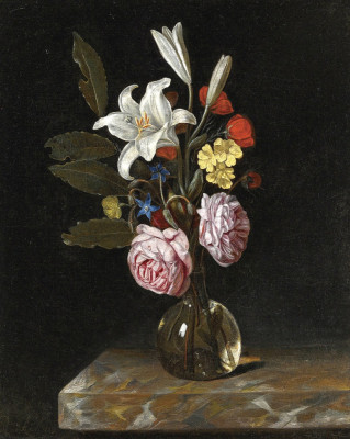 ₴ Репродукція натюрморт від 242 грн.: Троянди, лілії та інші квіти у скляній вазі на мармуровому виступі