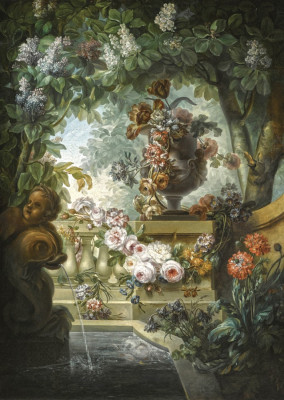 ₴ Репродукція натюрморт від 268 грн.: Паркова сцена з урною квітів, квіткова гірлянда та фонтан нижче