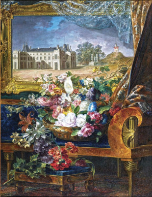 ₴ Репродукція натюрморт від 325 грн.: Кошик квітів та вид Королівського палацу у Валенсії