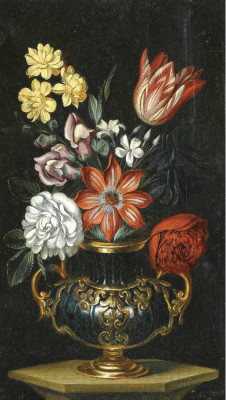 ₴ Репродукція натюрморт від 183 грн.: Тюльпан-папуга, троянди та інші квіти у вазі на виступі