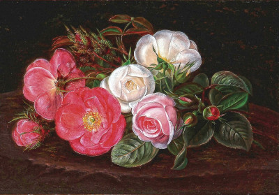 ₴ Репродукция натюрморт от 328 грн.: Букет белых и красных роз на пне