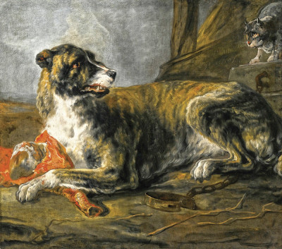 ₴ Репродукція натюрморт від 277 грн.: Собака з м'ясом і дивлячись кіт