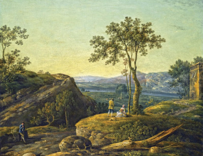 ₴ Картина пейзаж художника от 220 грн.: Італійський річковий пейзаж з відпочиваючими фігурами, вівці та корови на відстані