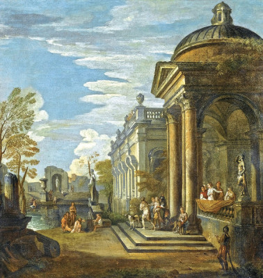 ₴ Картина міський пейзаж художника від 261 грн.: Каприччіо класичних будівель біля басейну