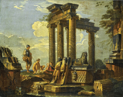₴ Картина міський пейзаж художника від 247 грн.: Каприччіо класичних руїн, мавзолей та храм, солдат та відпочиваючі фігури