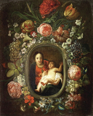 ₴ Репродукція натюрморт від 237 грн.: Мадонна з Немовлям у гірлянді з квітів та фруктів