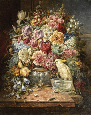 ₴ Репродукція натюрморт від 242 грн.: Троянди та інші квіти, метелики та какаду