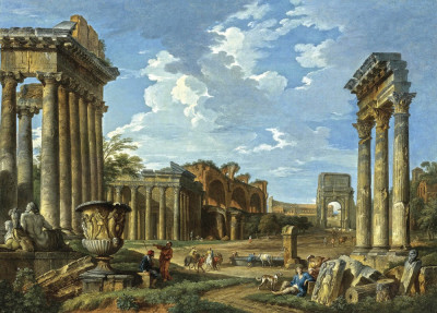 ₴ Картина міський пейзаж художника від 229 грн.: Кампо Ваччино з храмом Юпітера, аркою Титуса, Колізеєм, базилікою Максенція та храмом Конкорду