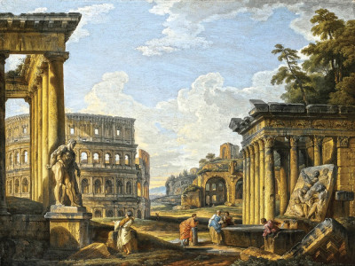 ₴ Картина міський пейзаж художника від 241 грн.: Каприччіо з класичними руїнами з храмом Антонія та Фаустини, Колізеєм, базилікою Максенція, храмом Венери у Римі