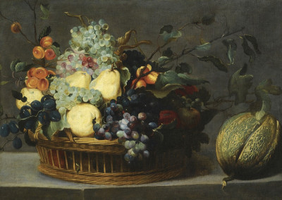 ₴ Репродукция натюрморт от 229 грн.: Груши, виноград и абрикосы в корзине и арбуз на каменном выступе