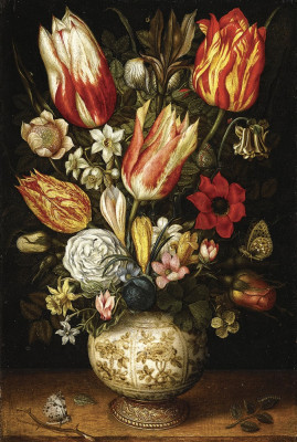 ₴ Репродукція натюрморт від 217 грн.: Тюльпани, троянди, нарциси, крокуси, ірис, мак та інші квіти у золоченій вазі на виступі з різними метеликами