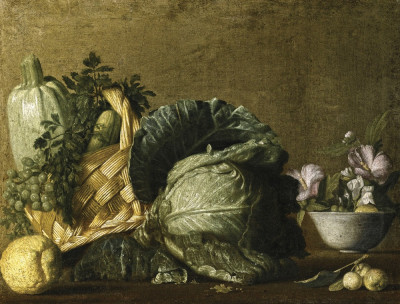 ₴ Репродукція натюрморт від 317 грн.: Кабачок та виноград у плетеному кошику, поруч капуста, лимон та квіти у чаші