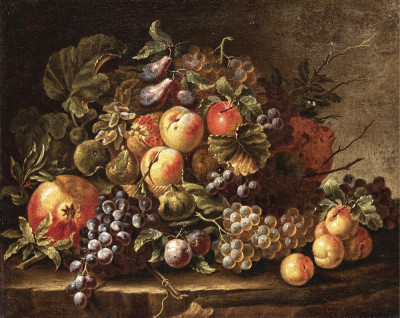 ₴ Репродукція натюрморт від 253 грн.: Виноград, ябоки, сливи, персики та гранат на кам'яному виступі