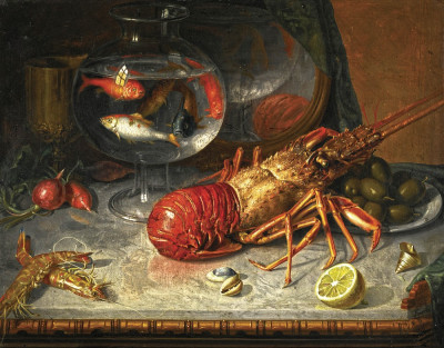 ₴ Репродукція натюрморт від 325 грн.: Лобстер та креветки перед кубком із золотими рибками