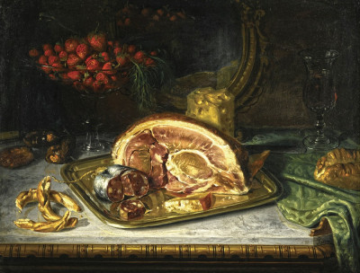 ₴ Репродукція натюрморт від 317 грн.: М'ясо та сир на срібній страві та чаша з полуницею