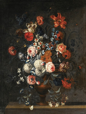 ₴ Репродукція натюрморт від 331 грн.: Тюльпани, півонії, незабудки та інші квіти у вазі на виступі