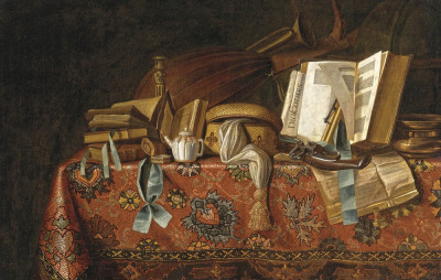 ₴ Картина натюрморт відомого художника від 211 грн.: Книги, музичні інструменти та інші об'єкти на столі драпірованому орієнтальним килимом