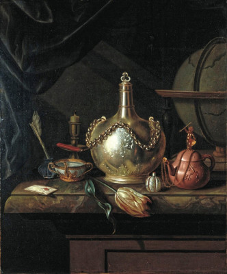 ₴ Картина натюрморт відомого художника від 232 грн.: Срібний винний глечик, тюльпан, китайський чайник та глобус