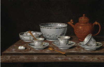 ₴ Картина натюрморт відомого художника від 211 грн.: Китайський метало-керамічний чайник на кам'яному виступі з фарфоровими чашками та блюдцями, дві чаші