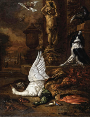 ₴ Репродукція натюрморт від 247 грн.: Натюрморт з мертвим лебедем, павлином та собакою в саду фонтану