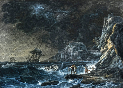 ⚓Репродукция морской пейзаж от 301 грн.: Корабли в штормовом море, фигуры на берегу