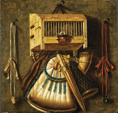 ₴ Картина натюрморт художника від 295 грн.: Тромплей з мисливським спорядженням та пташиною кліткою