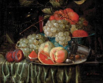 ₴ Репродукція натюрморт від 333 грн.: Натюрморт із фруктами, розташований на драпірованому столі з олов'яною тарілкою та китайською порцеляновою чашею