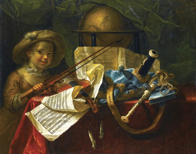 ₴ Репродукція натюрморт від 247 грн.: Волинка, глобус, ноти французької увертюри, скрипка на задрапірованому столі, молода дівчина
