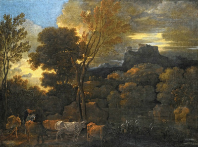 ₴ Репродукция пейзаж от 235 грн.: Двое мужчин со стадом в итальянском пейзаже с руинами замка на выступе в отдалении