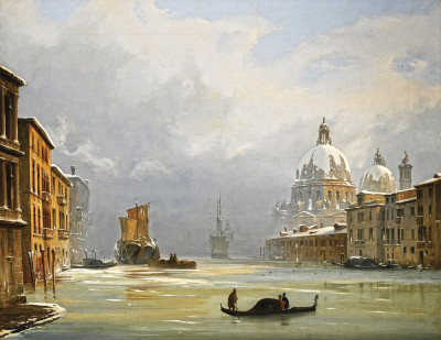 ₴ Картина міського пейзажу художника від 239 грн.: Венеція, вид на місто під снігом з церквою Санта Марія делла Салюте