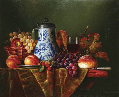 ₴ Репродукція натюрморт від 259 грн.: Натюрморт із фруктами, глечиком та келихом вина на столі