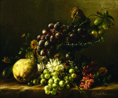 ₴ Репродукція натюрморт від 259 грн.: Айва, кульбаби, ромашки, жоржини та ваза з виноградом, все на уступі