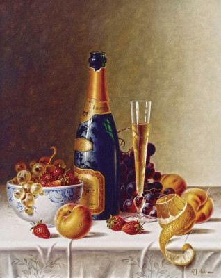 ₴ Репродукція натюрморт від 318 грн.: Шампанське та фрукти на скатертині