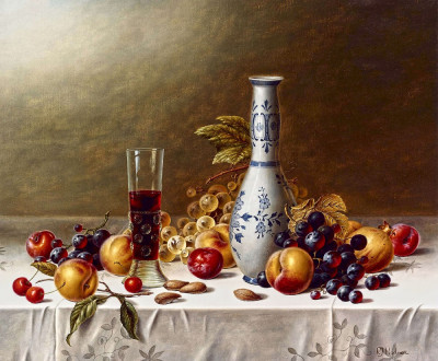 ₴ Репродукція натюрморт від 340 грн.: Делфт Ваза, червоне вино та фрукти на скатертині
