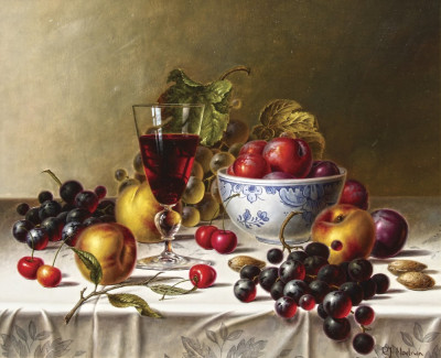 ₴ Репродукція натюрморт від 340 грн.: Червоне вино та фрукти на скатертині