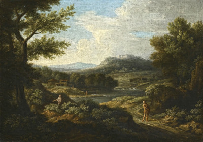 ₴ Репродукция пейзаж от 223 грн.: Аркадийный речной пейзаж с фигурами на переднем плане и замок на холме в отдалении