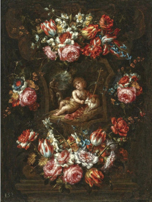₴ Репродукція натюрморт від 257 грн.: Картуш з тюльпанами, трояндами та іншими квітами та Святим Джоном баптистом