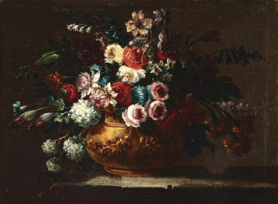 ₴ Репродукція натюрморт від 198 грн.: Бронзова ваза наповнена хризантемами, трояндами, в'юнком та іншими квітами на кам'яному уступі