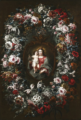 ₴ Репродукція натюрморт від 217 грн.: Мадонна з дитиною у квітковій гірлянді