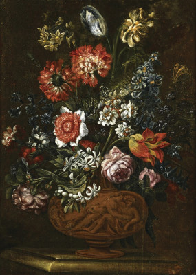 ₴ Картина натюрморт художника від 204 грн.: Різні квіти у бронзовій урні на виступі