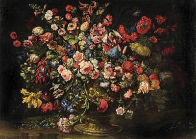 ₴ Картина натюрморт художника от 229 грн.: Розы, тюльпаны, лилии и другие цветы в бронзовой вазе