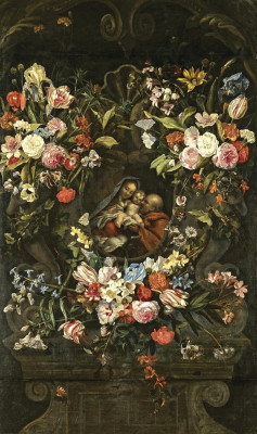 ₴ Репродукція натюрморт від 231 грн.: Фестона квітів, що декорує кам'яну нішу із вставленим зображенням Святого сімейства.
