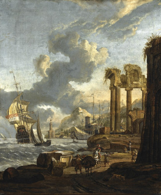 ⚓Репродукція морський краєвид від 232 грн.: Середземноморська гавань з мандрівниками на березі, голландський військовий корабель зліва