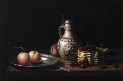 ₴ Репродукция натюрморт от 211 грн.: Персики на оловянной тарелке, вишни в плетеной корзинке и кувшин